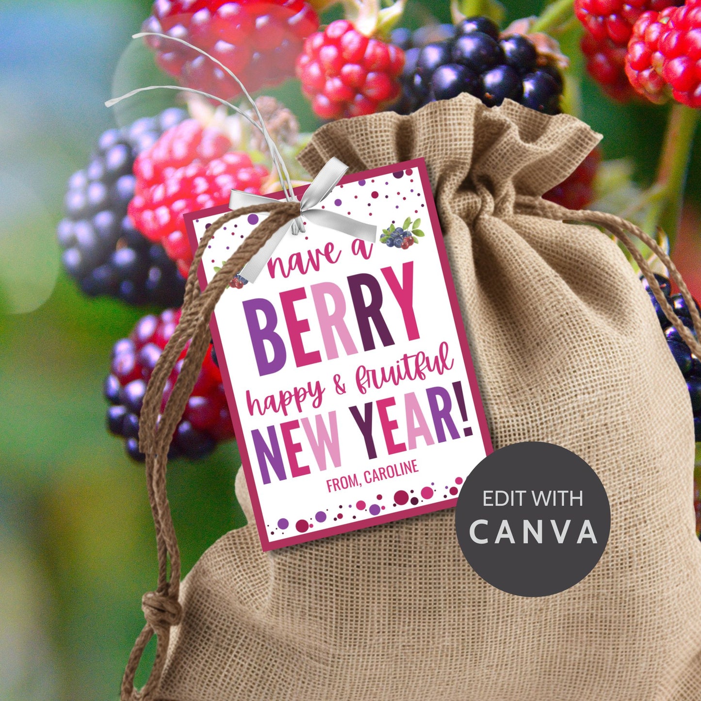 Berry-themed editable New Year gift tags with the message “Have a Berry Happy & Fruitful New Year!” laid out on an 8.5 x 11-inch sheet with 8 tags in vibrant berry colors.