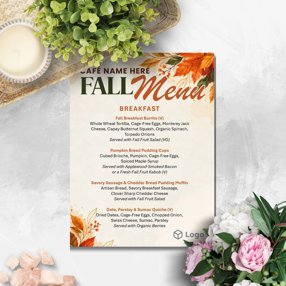 Editable Fall Menu Template featuring warm autumn leaves, seasonal watercolor accents, customizable menu text, café name, and logo placeholder.