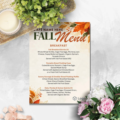 Editable Fall Menu Template featuring warm autumn leaves, seasonal watercolor accents, customizable menu text, café name, and logo placeholder.