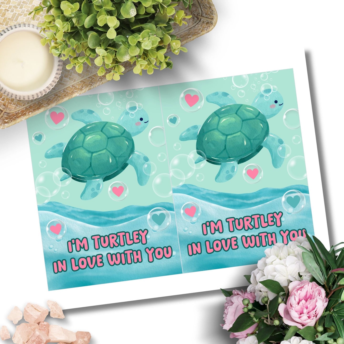 Printable Valentine’s Day Greeting Card featuring the pun “I'm Turtley in Love with You.” Designed as a 5x7 PDF on an 8.5 x 11 sheet with two cards per page. A cute and fun Valentine’s card for turtle lovers.