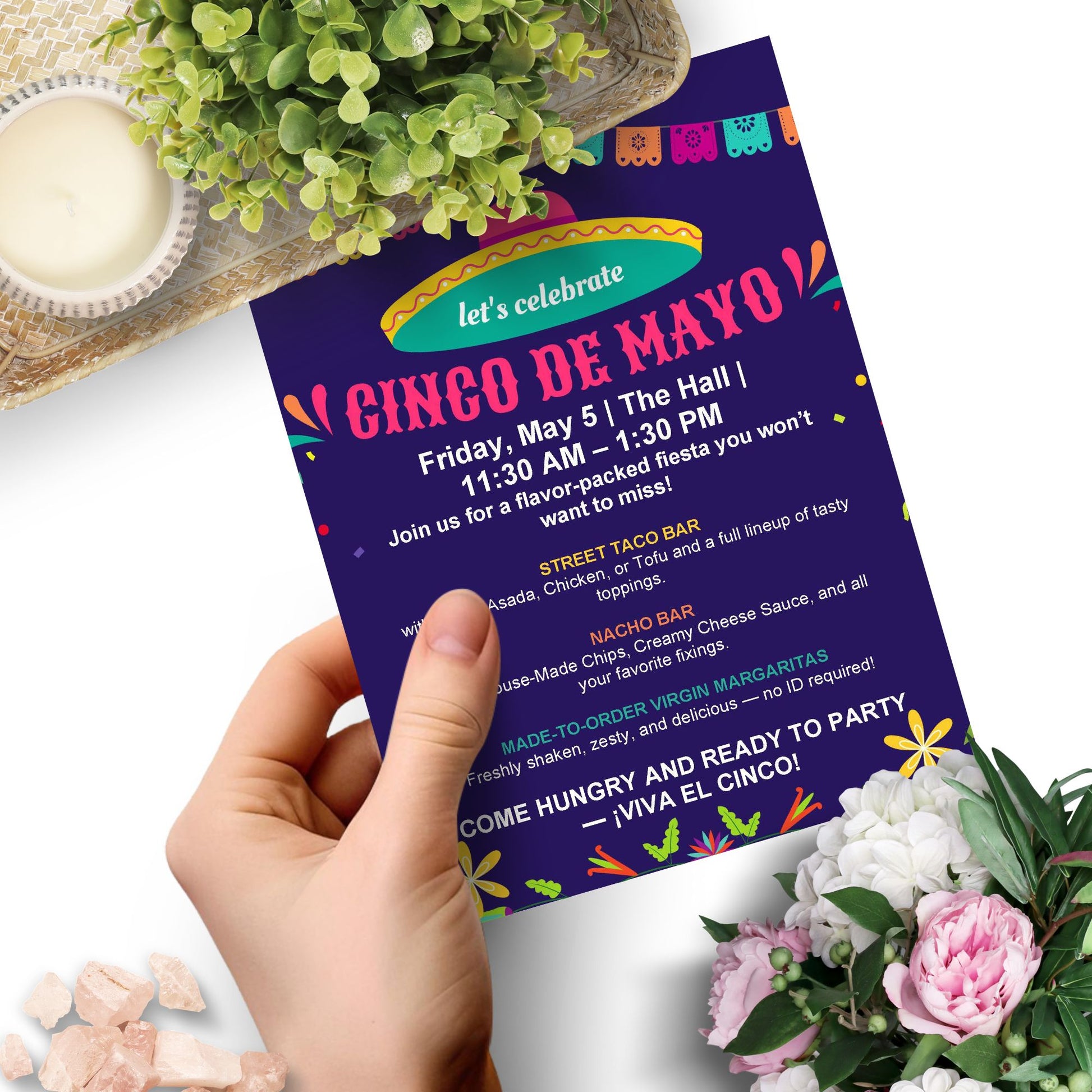 Editable Cinco de Mayo flyer with vibrant sombrero and papel picado design; fixed header says “Let’s Celebrate Cinco de Mayo,” with editable fields for event details and menu.