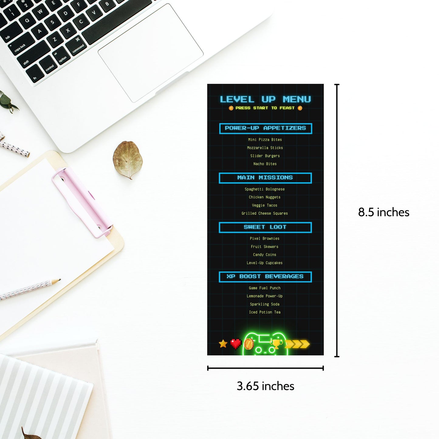 Retro gaming-themed editable menu card titled “Level Up Menu” featuring food sections like Power-Up Appetizers and XP Boost Beverages. Sized for tabletop at 3.65 x 8.5 inches.