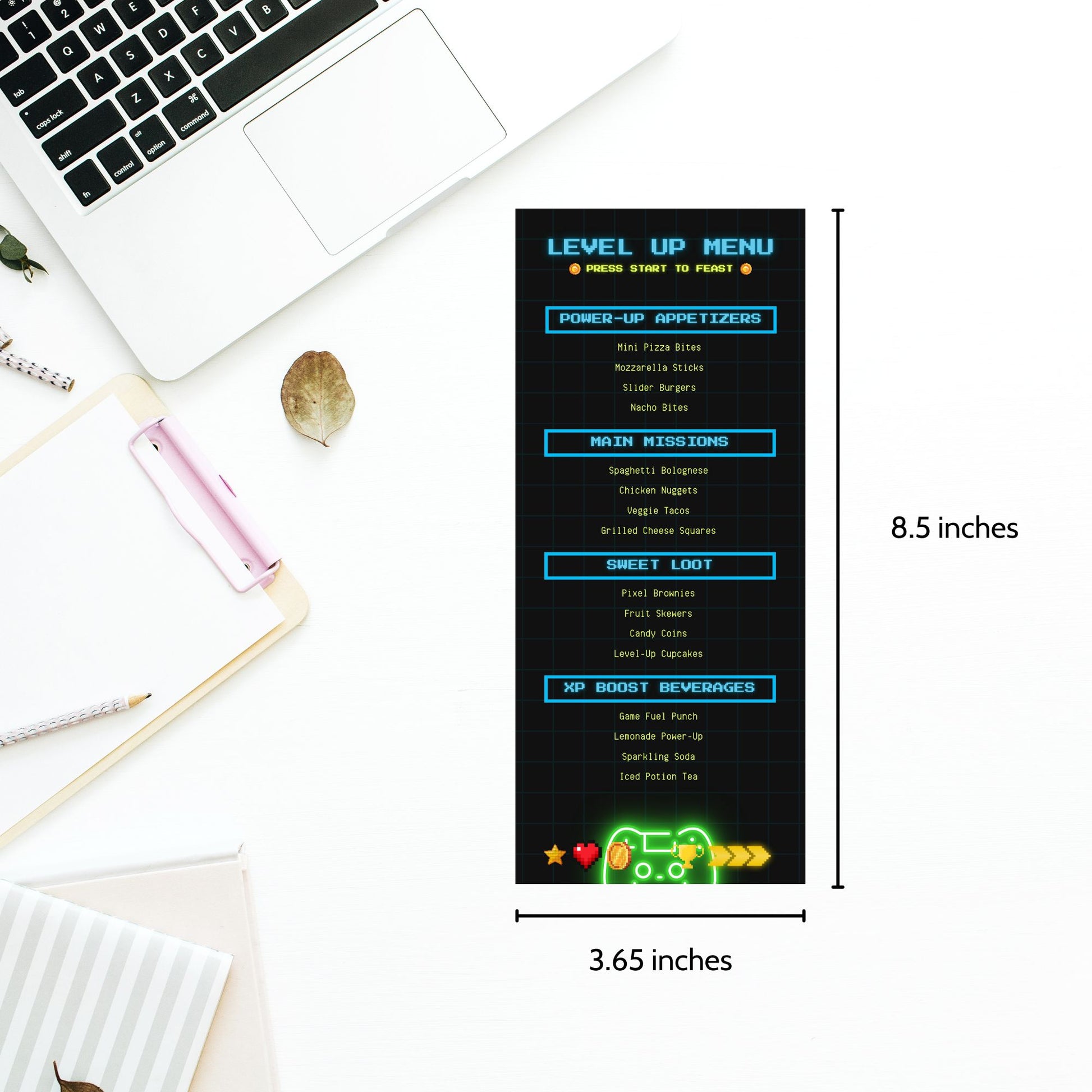 Retro gaming-themed editable menu card titled “Level Up Menu” featuring food sections like Power-Up Appetizers and XP Boost Beverages. Sized for tabletop at 3.65 x 8.5 inches.