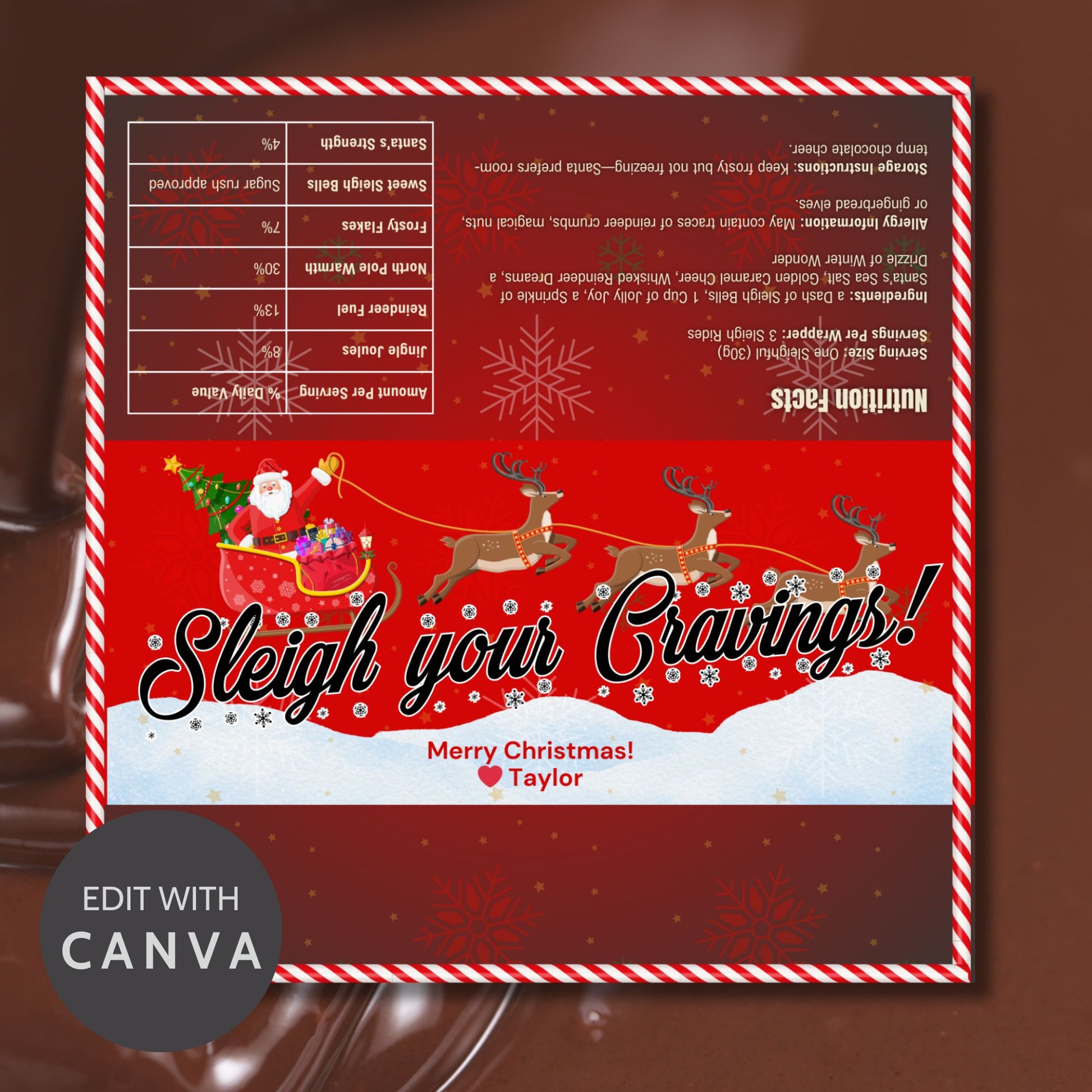 Christmas chocolate bar wrapper featuring Santa's sleigh, reindeer, festive text "Sleigh Your Cravings," with a customizable Merry Christmas message and snowy red backdrop.