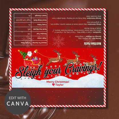 Christmas chocolate bar wrapper featuring Santa's sleigh, reindeer, festive text "Sleigh Your Cravings," with a customizable Merry Christmas message and snowy red backdrop.