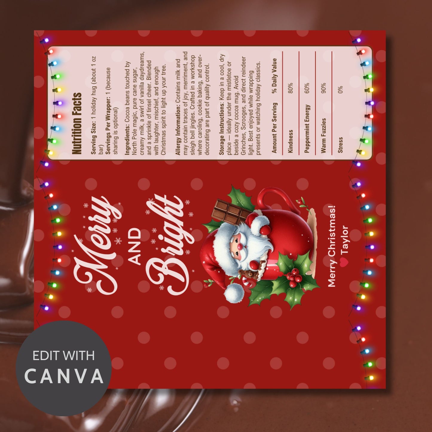 Red Christmas-themed product packaging with Santa Claus design and colorful lights.