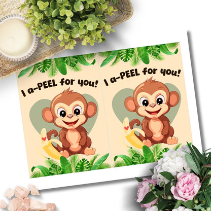 Printable Valentine’s Day Greeting Card featuring the phrase “I Apeel for You” with a banana theme. Designed as a 5x7 PDF on an 8.5 x 11 sheet with two cards per page. A fun and playful Valentine’s card for fruit lovers.