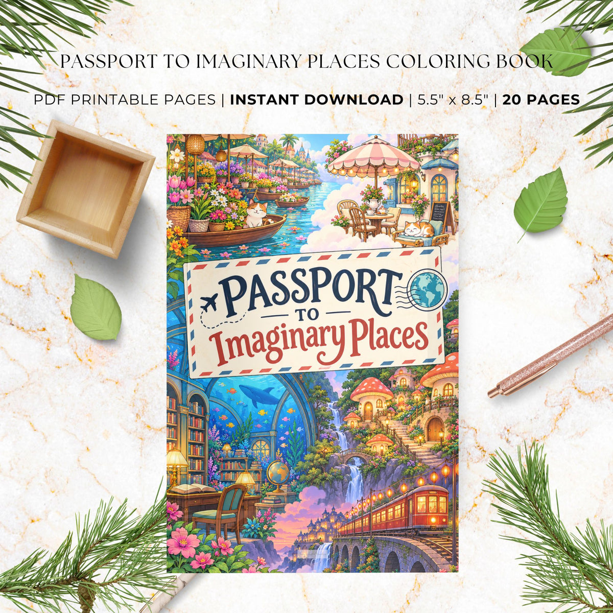 A promotional flat-lay for a printable coloring book titled "Passport to Imaginary Places." The central product is a colorful book cover showing illustrated scenes like a canal, market, library, and train station.