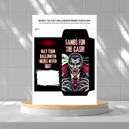 Halloween-themed money envelope with vampire design on a gray tiled background