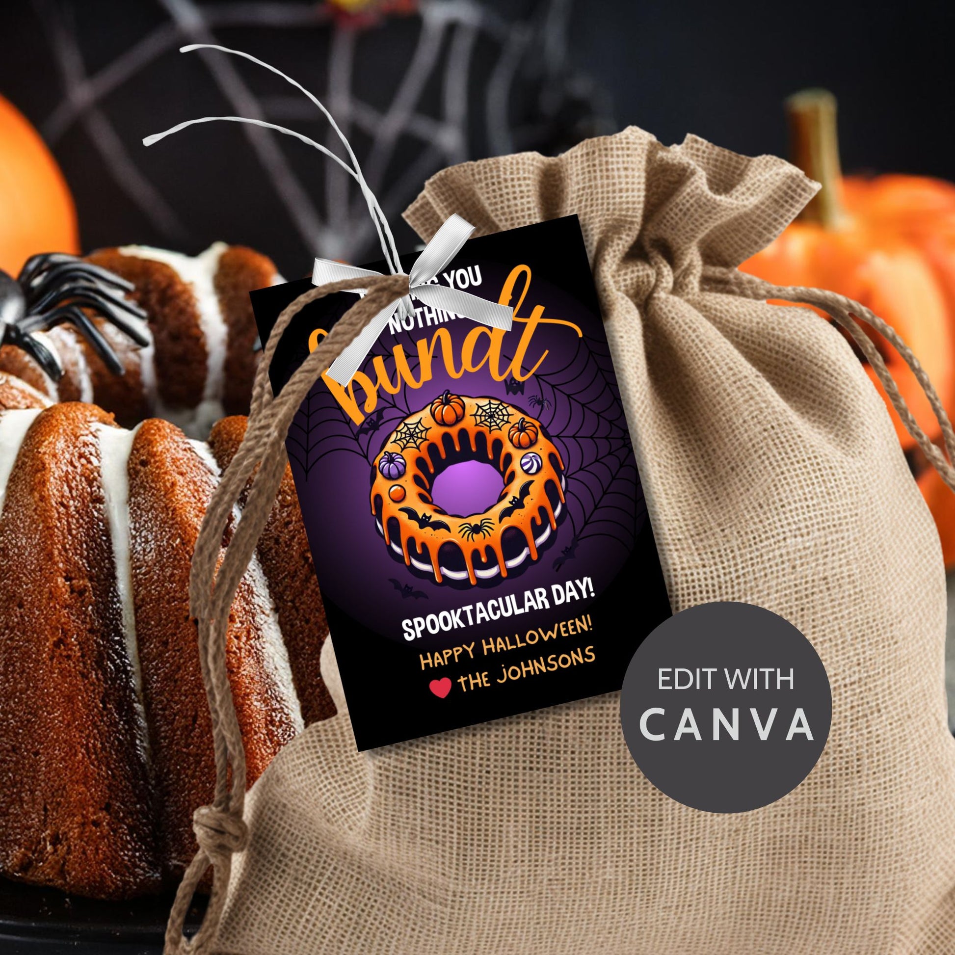 Halloween gift tag featuring a bundt cake decorated with pumpkins and spiderwebs, with the message 'Wishing You Nothing Bundt a Spooktacular Day!'