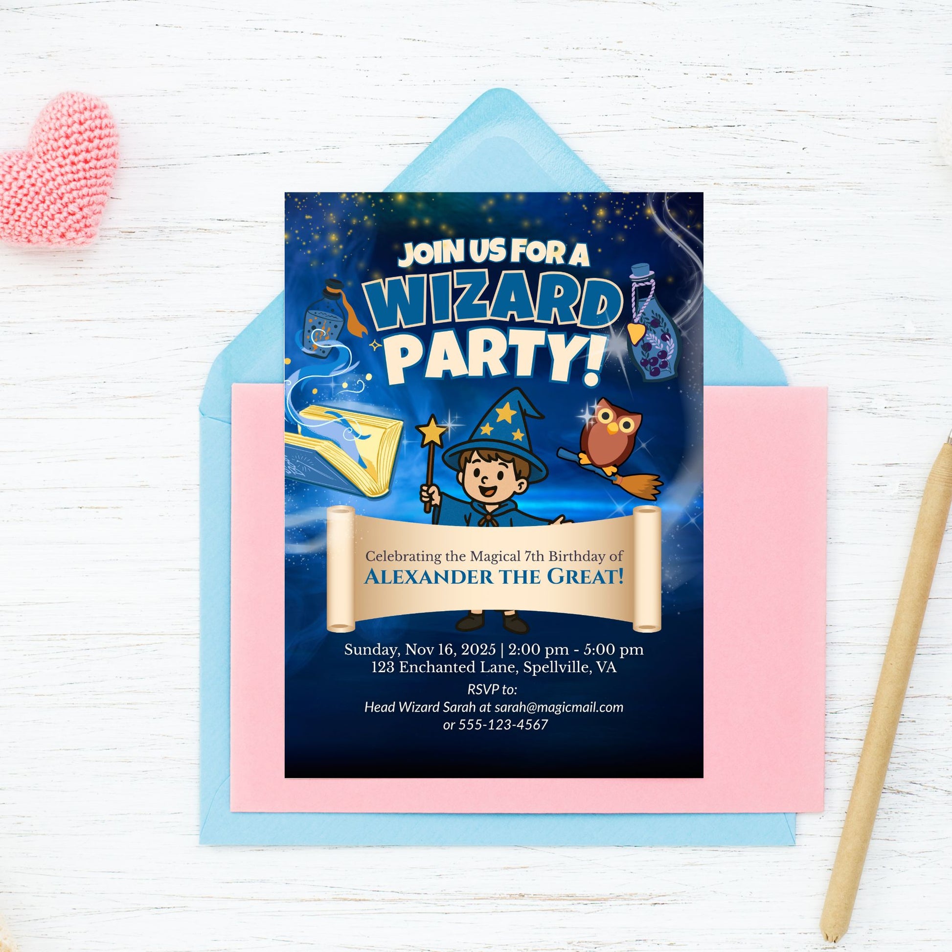 Wizard-themed invitation template featuring a boy wizard with wand, spell book, flying owl, and magical background. Includes editable party details on a scroll banner.