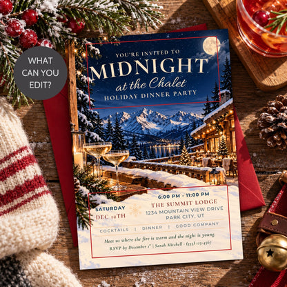A festive holiday dinner party invitation card styled on a rustic wooden table with a red envelope, a knit sweater, evergreen branches, and a glass of red drink. The invitation features a winter mountain lodge scene with the text 'YOU'RE INVITED TO MIDNIGHT at the Chalet HOLIDAY DINNER PARTY'.