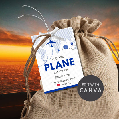 Printable aviation thank you gift tags in classic blue and white with airplane design, ideal for flight crew appreciation gifts.