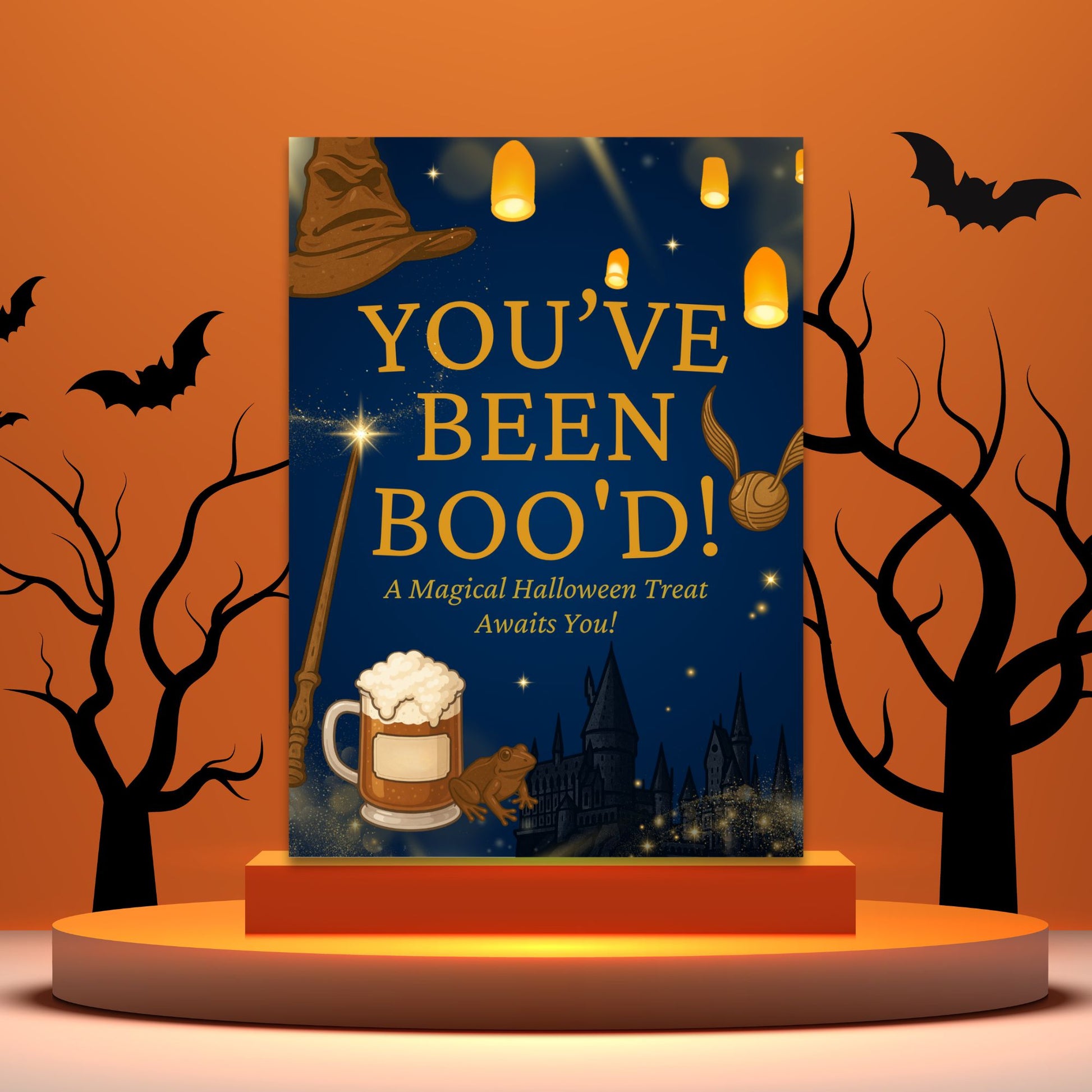 Halloween-themed sign with 'You've Been Bood' text, bats, and trees on an orange background