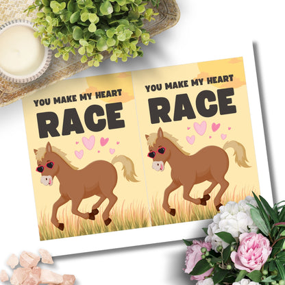 Printable Valentine’s Day Greeting Card featuring the phrase “You Make My Heart Race” with a horse design. Designed as a 5x7 PDF on an 8.5 x 11 sheet with two cards per page. A heartfelt and elegant Valentine’s card for horse lovers and friends.