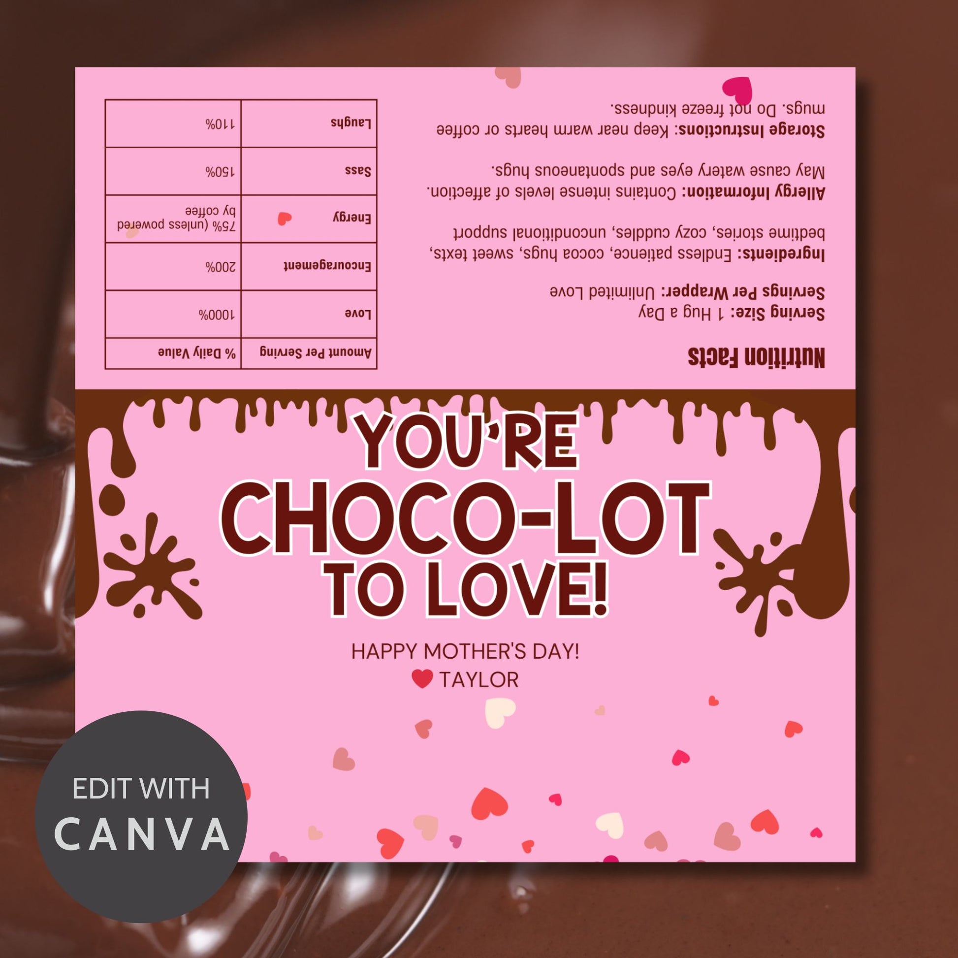 Editable chocolate bar wrapper in pink with dripping chocolate design and the message "You're Choco-lot to Love" – perfect for Mother's Day, Valentine's, or appreciation gifts.