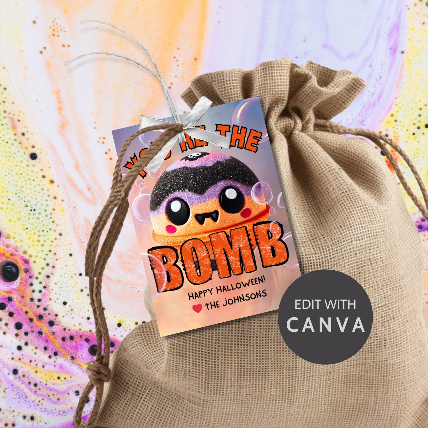 Halloween-themed printable gift tags with the message "You're the Bomb" featuring a cute and spooky bath bomb character, perfect for bath bomb gifts. Tags are 2.5 x 3.5 inches, laid out 8 per sheet on a standard 8.5 x 11-inch page. Includes a printable PDF and a PDF with a link to an editable Canva template.