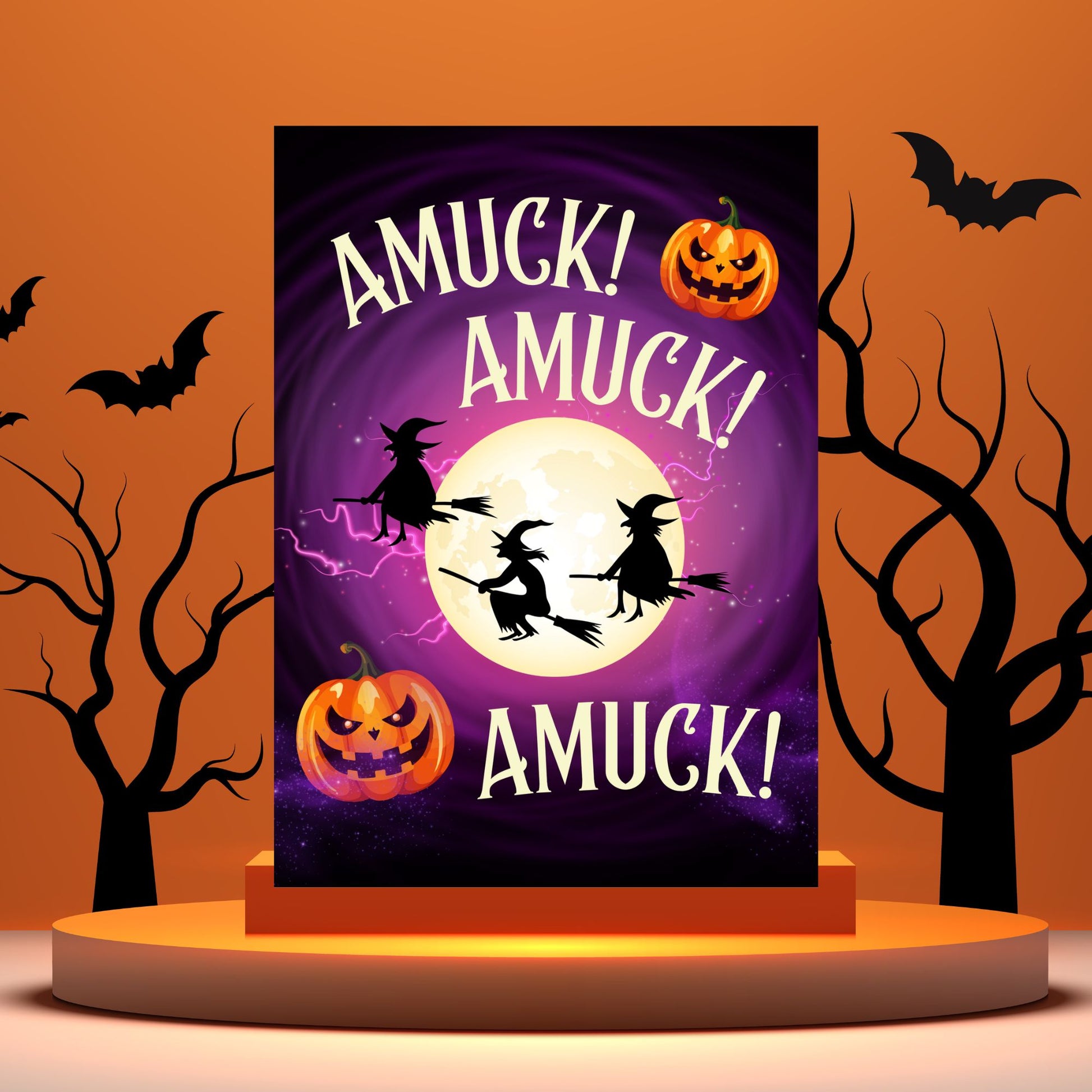 Halloween-themed poster with pumpkins, witches, and 'AMUCK! AMUCK! AMUCK!' text on a purple background.