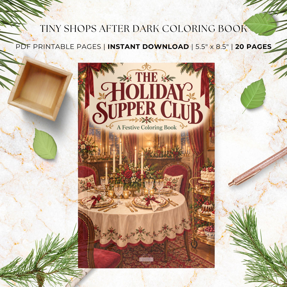 A promotional graphic for a printable coloring book titled "The Holiday Supper Club." The central subject is the book cover, showing a decorated dining table with candles, plates, and festive red drapery.