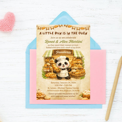 Editable Pandaria panda bakery themed invitation featuring a cute panda baker surrounded by artisan bread and warm bakery details. Whimsical 5x7 Canva invitation perfect for baby showers, birthdays, and bakery-themed celebrations.