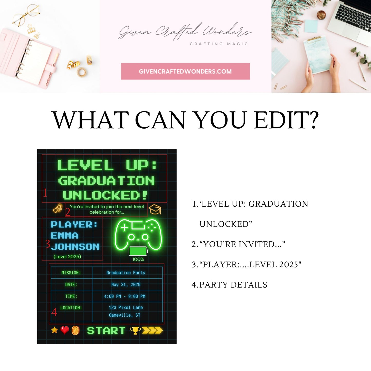 Editable 5x7 video game-themed graduation invitation with neon graphics, game controller icon, and retro gamer text layout. Canva editable.