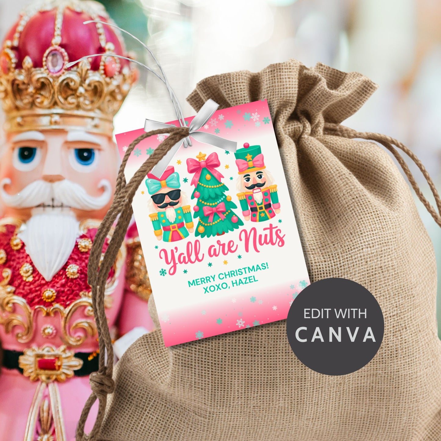 Printable and editable Christmas gift tags with the phrase “Y’all Are Nuts,” sized 2.5 x 3.5 inches, laid out 8 per sheet on 8.5 x 11. Perfect for holiday treat bags and nut-themed gifts.