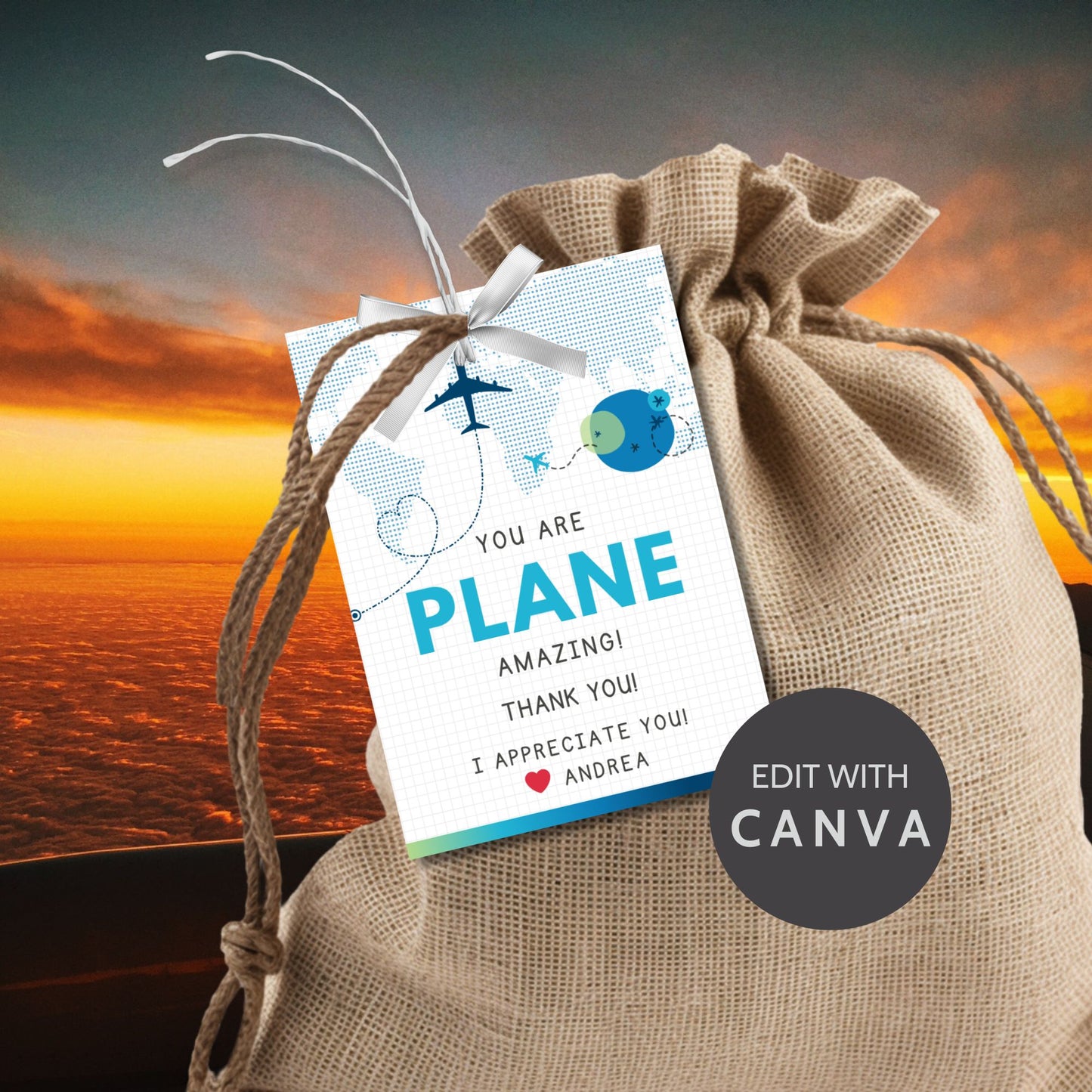 Printable aviation thank you gift tags in cool blue and teal tones with airplane design, created for flight crew appreciation gifts.