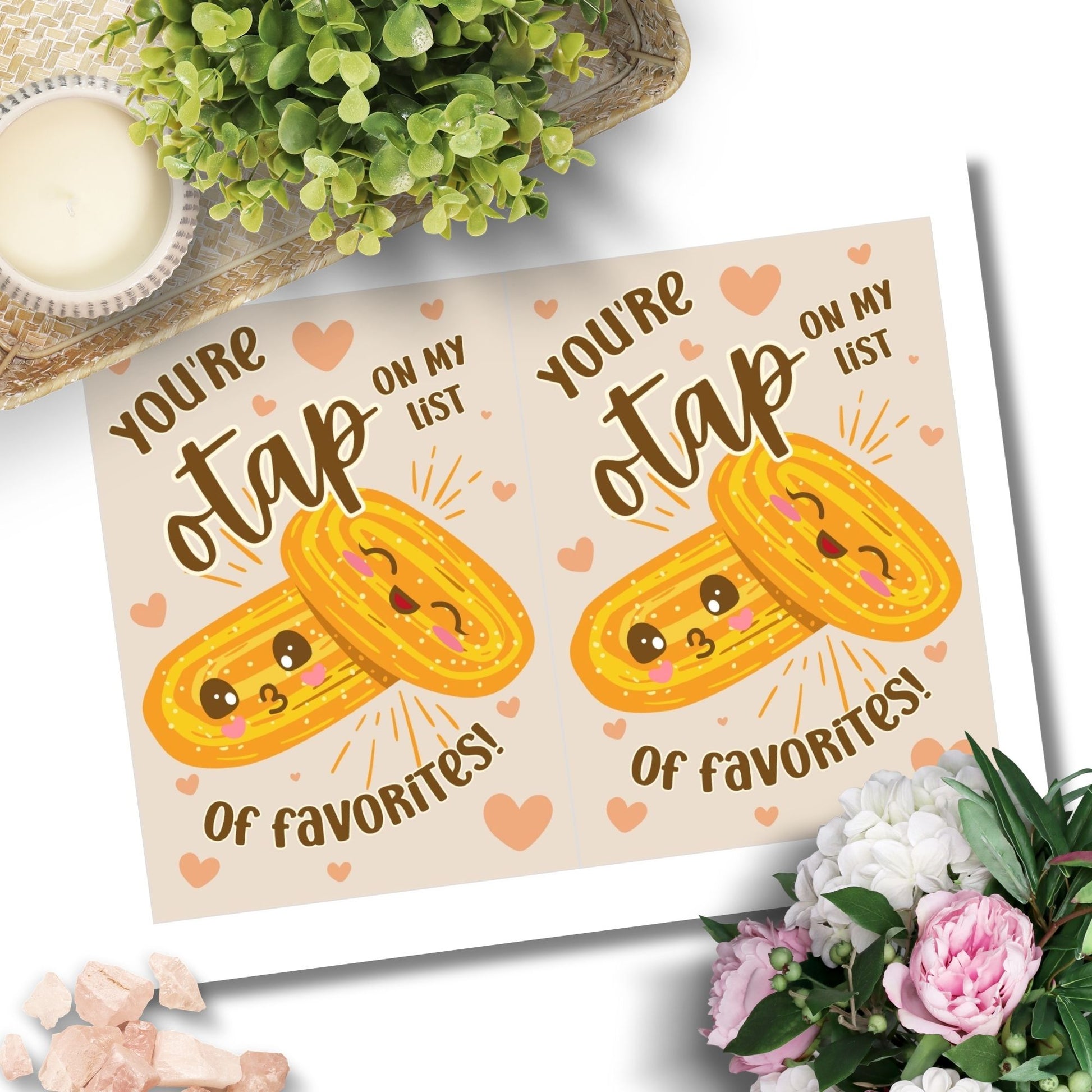 Printable Valentine’s Day card featuring the phrase “You’re Otap on My List of Favorites” with a fun Otap biscuit design. Designed as a 5x7 PDF on an 8.5 x 11 sheet with two cards per page. A punny and heartfelt Valentine’s card for Filipino food lovers.