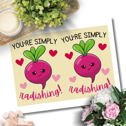 Printable Valentine’s Day Greeting Card featuring the phrase “You’re Simply Radishing” with a cute radish design. Designed as a 5x7 PDF on an 8.5 x 11 sheet with two cards per page. A fun and punny Valentine’s card for loved ones.