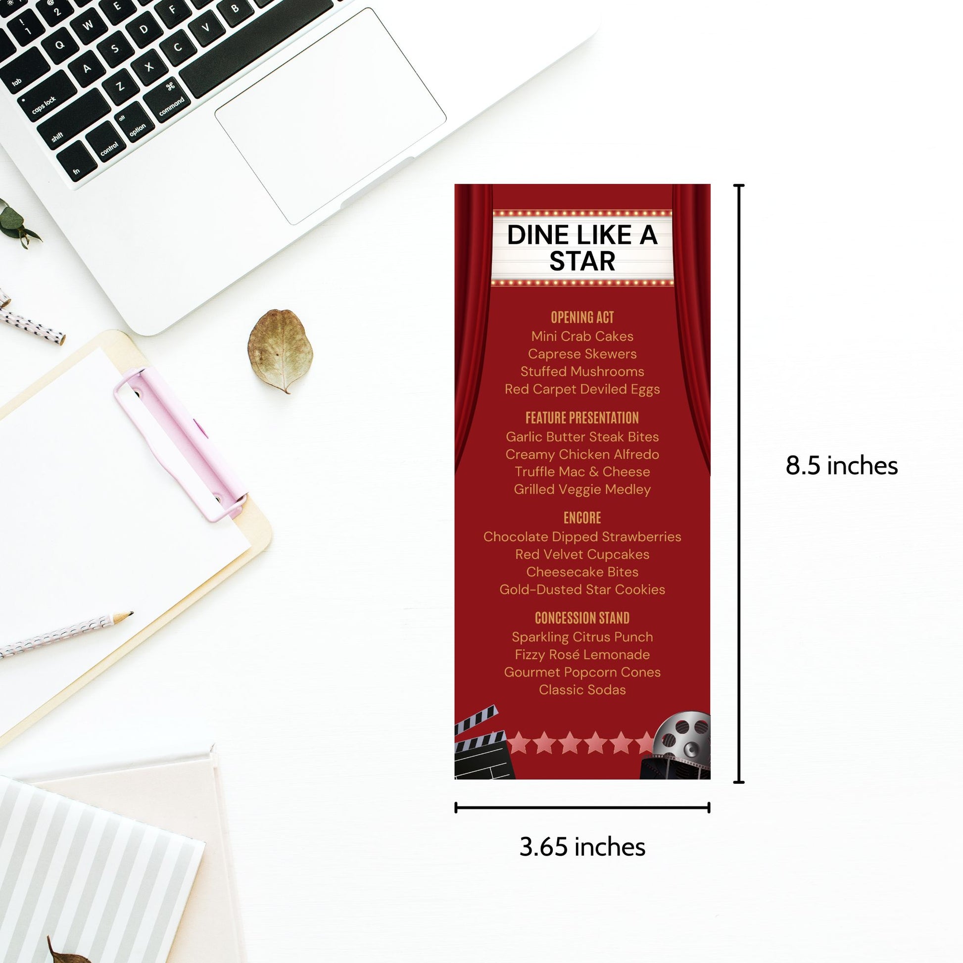 Editable Hollywood-themed table menu with marquee-style design and red curtains. Features editable sections like Opening Act and Feature Presentation. Canva template, 3.65 x 8.5 inches.