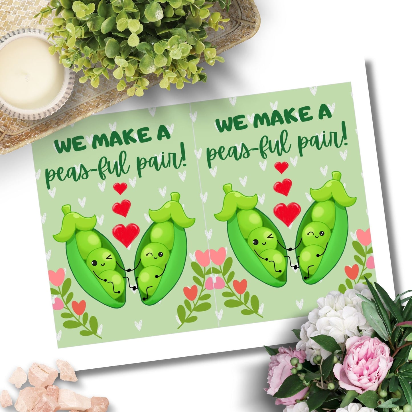 Punny Pea-Themed Printable Valentine's Day Card | 5x7 PDF with "We Make a Peasful Pair" | Instant Download | Given Crafted Wonders