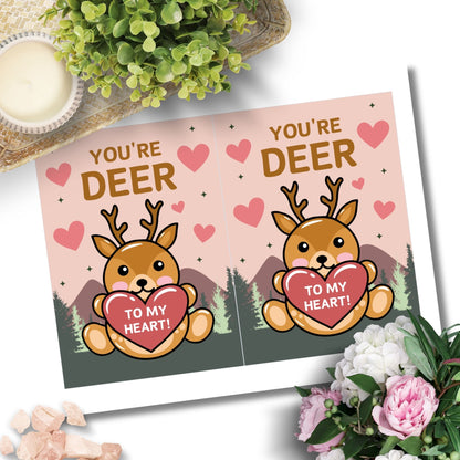 Printable Valentine’s Day Greeting Card featuring the phrase “You’re Deer to My Heart” with a deer illustration. Designed as a 5x7 PDF on an 8.5 x 11 sheet with two cards per page. A heartfelt and punny Valentine’s card for loved ones.