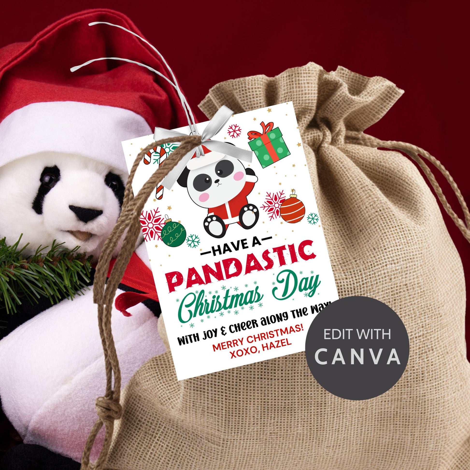 Panda-themed Christmas gift tags featuring a festive panda with holiday decorations and the message 'Have a Pandastic Christmas Day.' Perfect for adding a cute and cheerful touch to holiday presents.