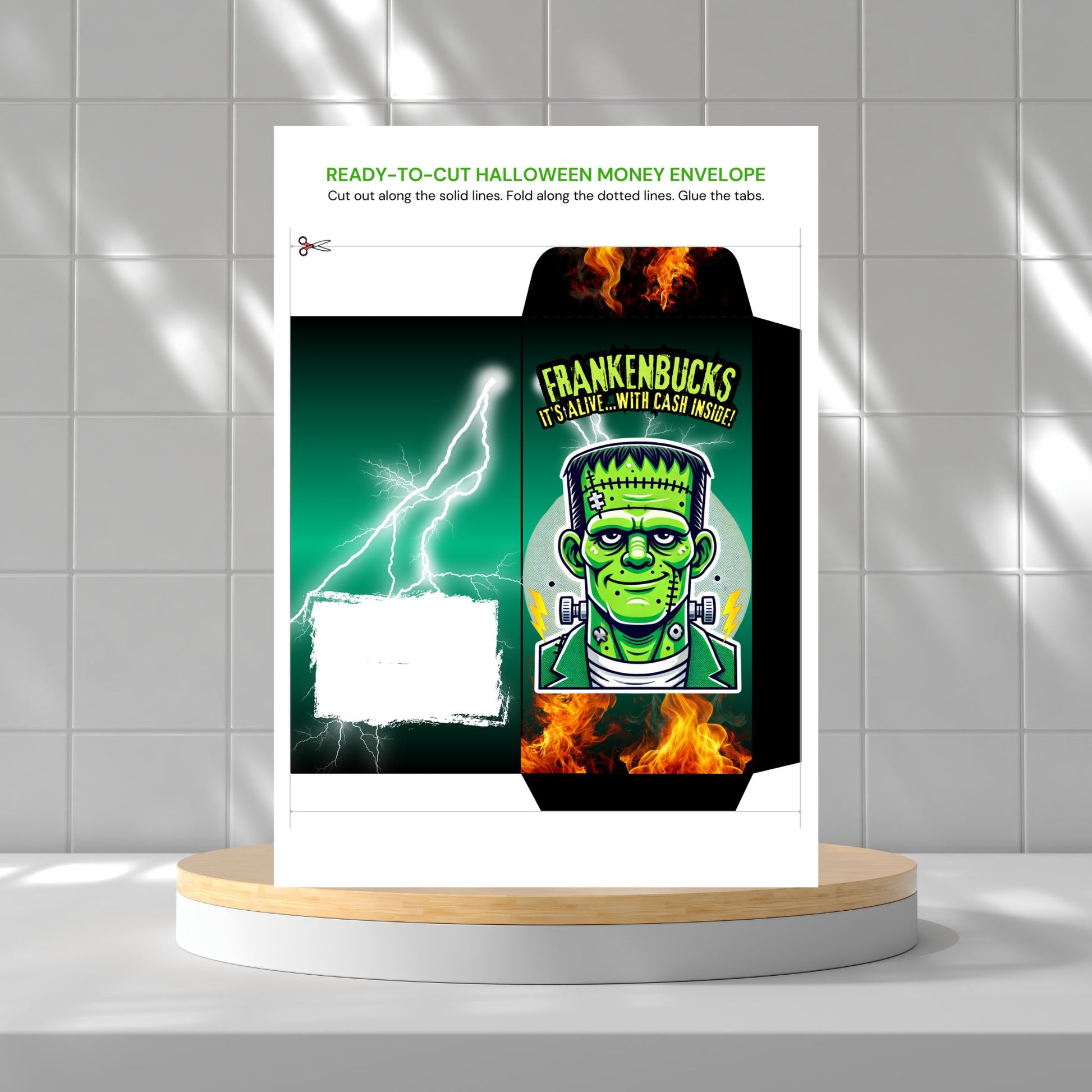 Halloween money envelope with Frankenstein design on a white background
