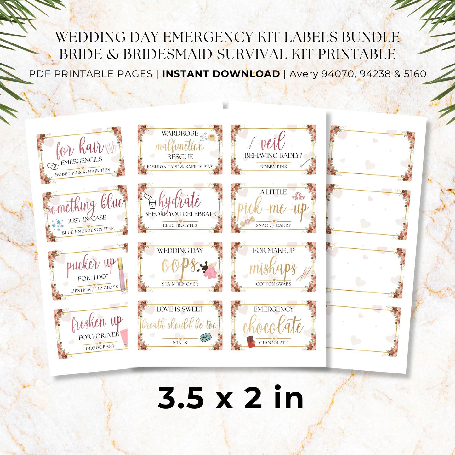 Medium 3.5 x 2 printable wedding emergency kit labels for fashion tape, bobby pins, mints, bandages and bridal essentials
