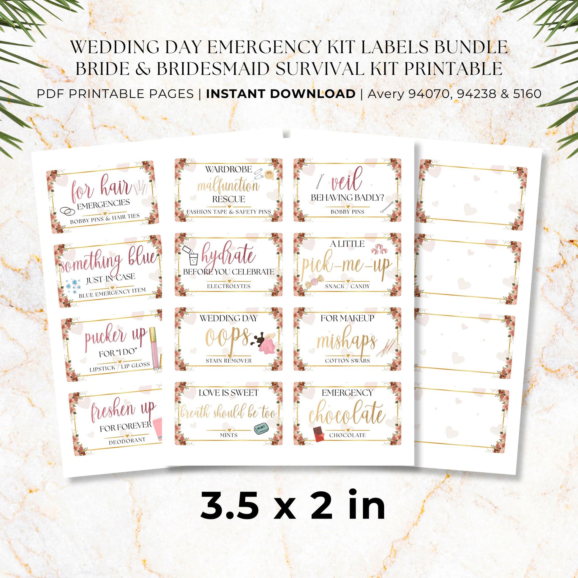 Medium 3.5 x 2 printable wedding emergency kit labels for fashion tape, bobby pins, mints, bandages and bridal essentials