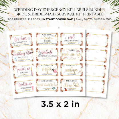 Medium 3.5 x 2 printable wedding emergency kit labels for fashion tape, bobby pins, mints, bandages and bridal essentials