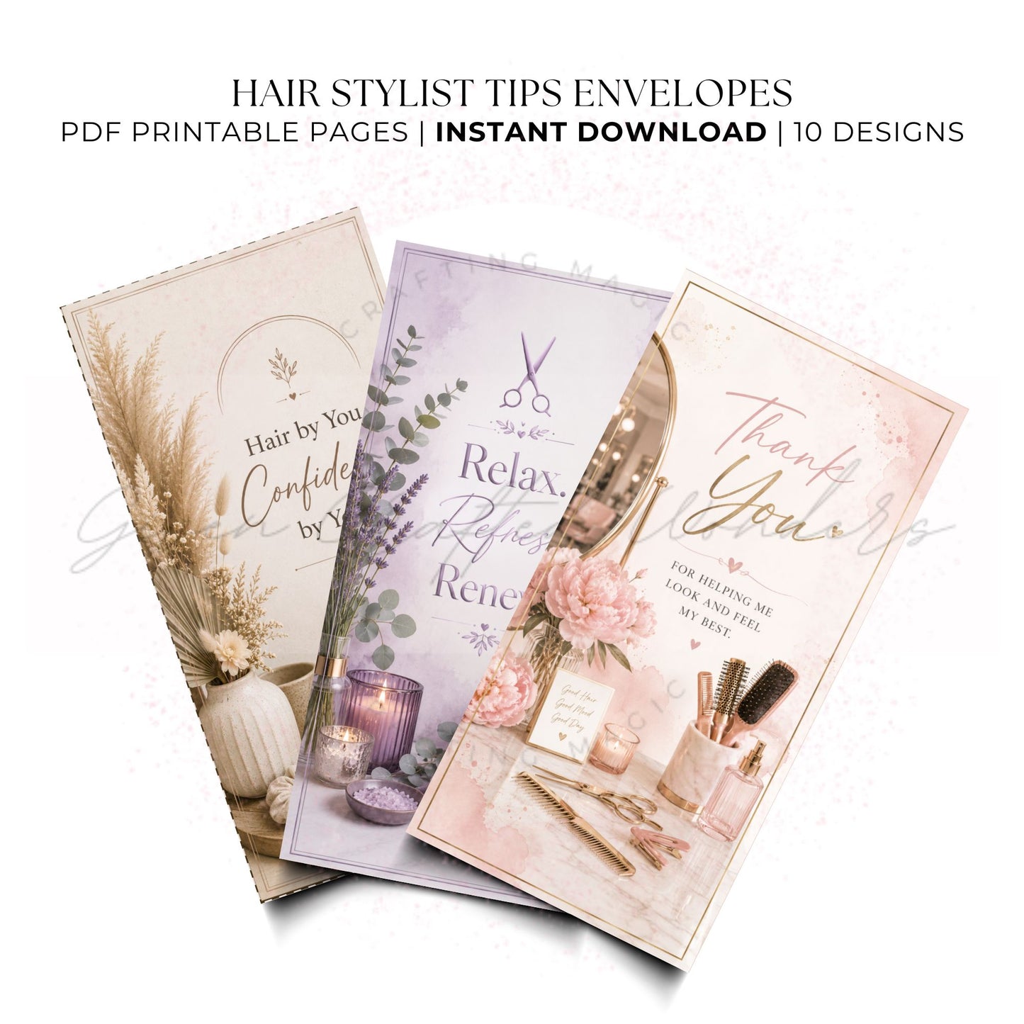 Three illustrated hair stylist tips envelopes shown on a white background with text reading 'HAIR STYLIST TIPS ENVELOPES' and 'PDF PRINTABLE PAGES | INSTANT DOWNLOAD | 10 DESIGNS'. The envelopes feature soft pastel designs with floral, candle, and salon-themed artwork and phrases like 'Hair by You', 'Relax & Refined', and 'Thank You, Your Style'.