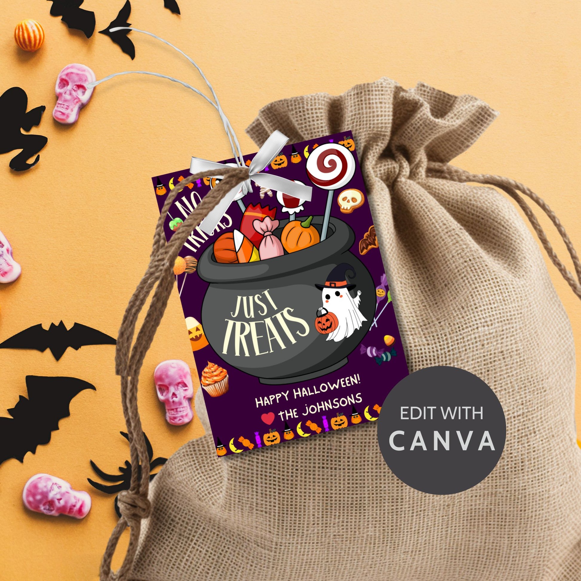  Halloween-themed printable gift tags with the message "No Tricks, Just Treats" featuring a cauldron filled with Halloween candies and treats. Tags are 2.5 x 3.5 inches, laid out 8 per sheet on a standard 8.5 x 11-inch page. Includes a printable PDF and a PDF with a link to an editable Canva template.