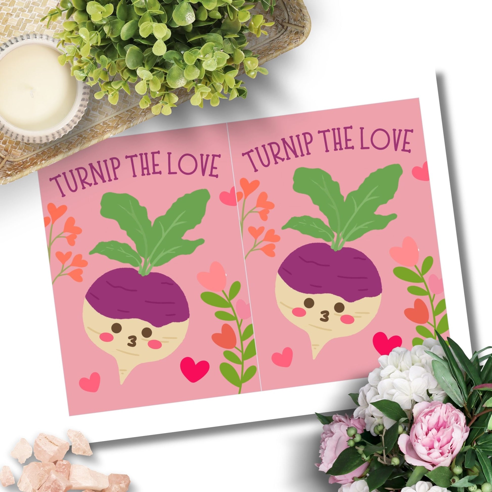 Printable Valentine’s Day Greeting Card featuring the phrase “Turnip the Love” with a cute turnip illustration. Designed as a 5x7 PDF on an 8.5 x 11 sheet with two cards per page. A punny and playful Valentine’s card for loved ones.