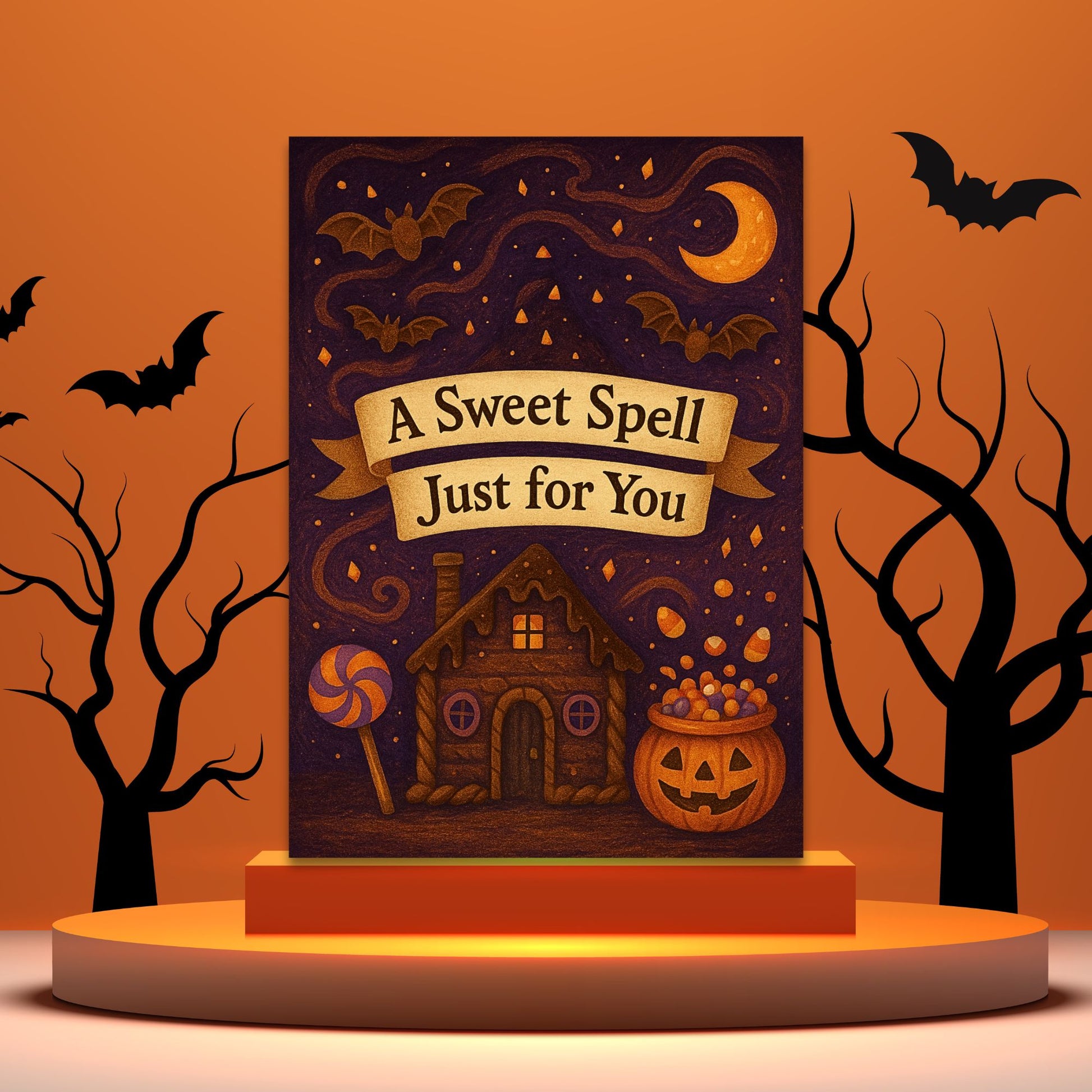 Halloween-themed card with a sweet spell message on an orange background with bats and trees.