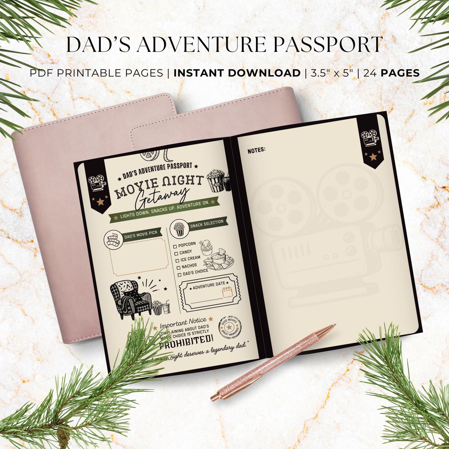 Dad's Adventure Passport printable Father's Day gift featuring 24 pages of family adventures, memory prompts, completion certificate, and printable booklet format for dads and kids.