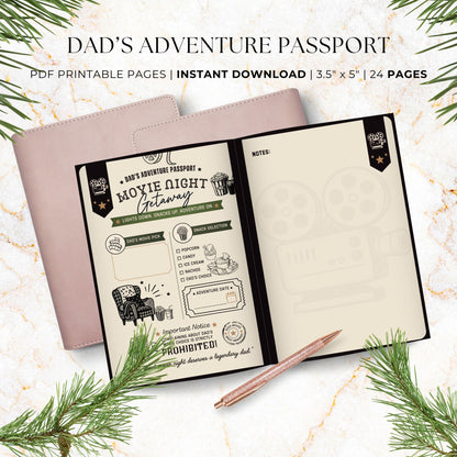Dad's Adventure Passport printable Father's Day gift featuring 24 pages of family adventures, memory prompts, completion certificate, and printable booklet format for dads and kids.