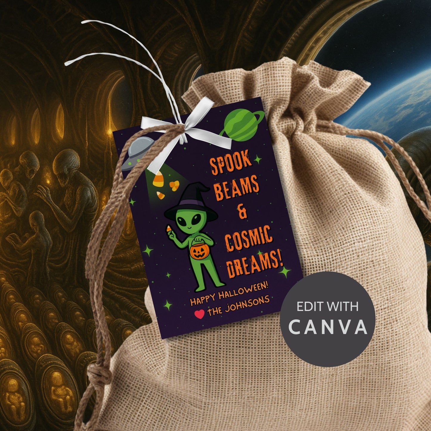 Halloween-themed gift tag with alien design on a beige drawstring bag against a cosmic background.