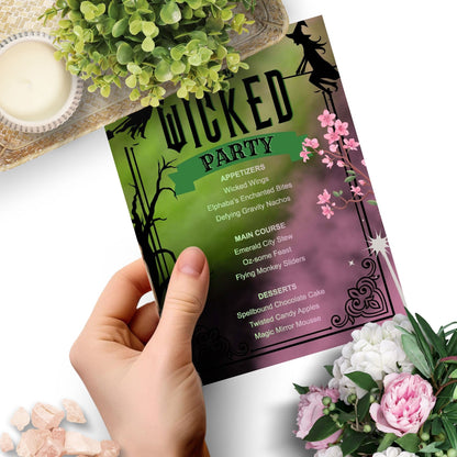 Editable Wicked-inspired menu template featuring enchanting dish names like Wicked Wings, Emerald City Stew, and Magic Mirror Mousse, perfect for a themed party or Halloween event.