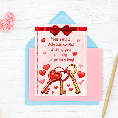 Printable Valentine’s Day cards for realtors featuring real estate themed illustrations, hearts, keys, and homes, designed as professional 5x7 thank you cards for real estate client appreciation.