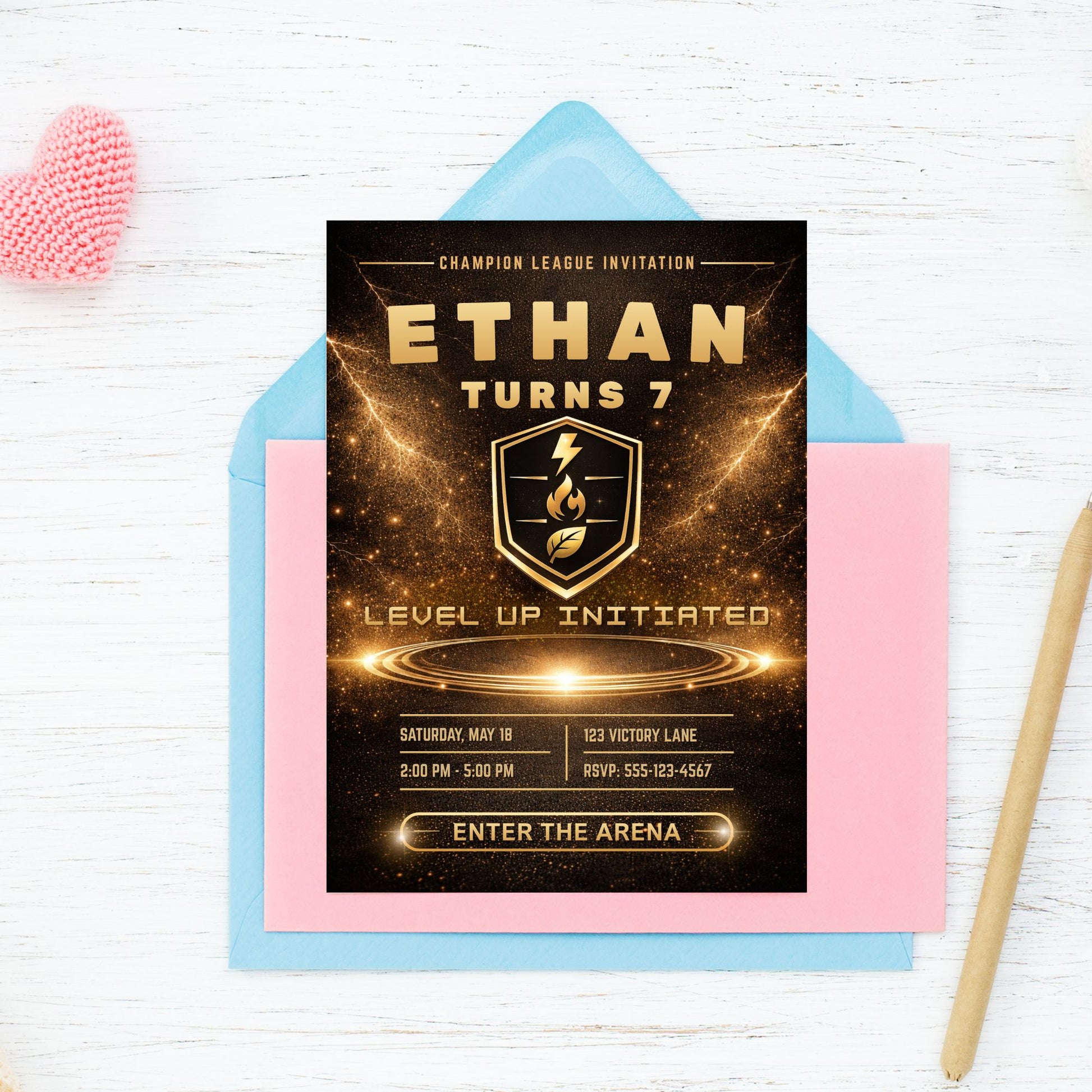 Editable luxury black and gold monster trainer inspired birthday invitation with glowing arena, elite badge, and customizable party details in Canva