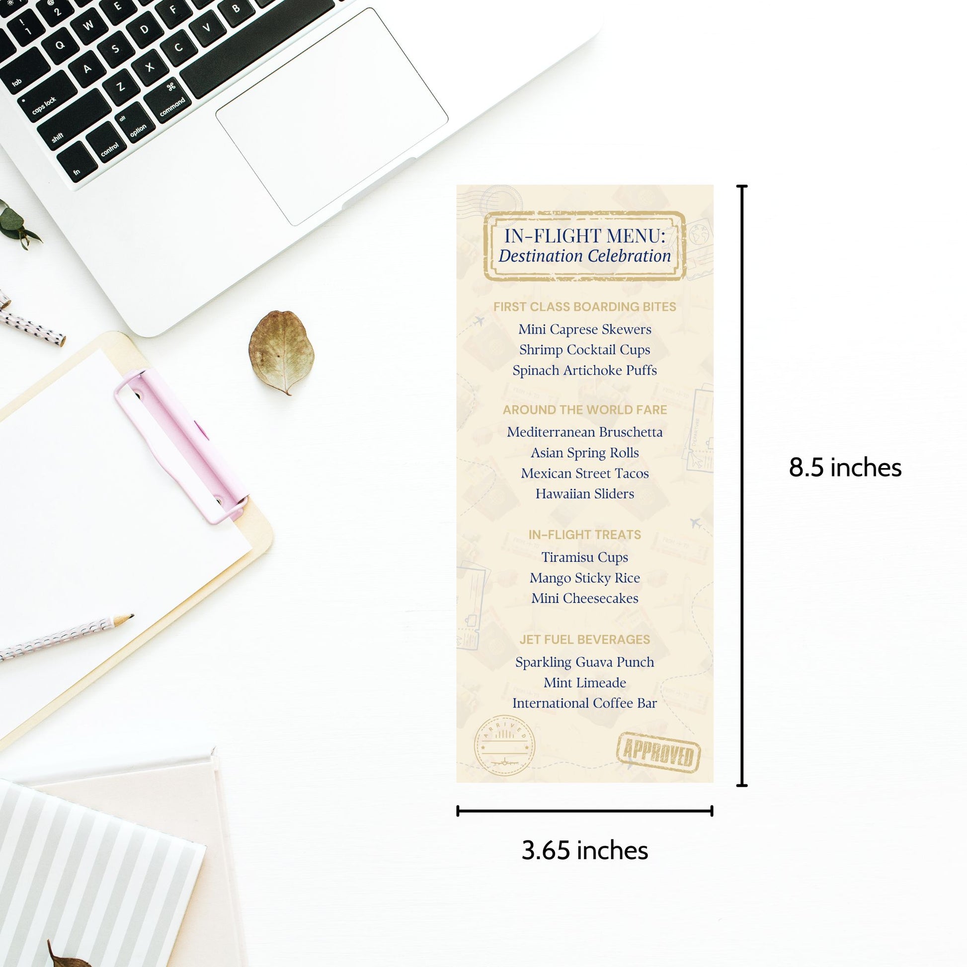 Travel-themed editable graduation menu table card titled "In-Flight Menu: Destination Celebration" with global food sections, sized 3.65 x 8.5 inches.