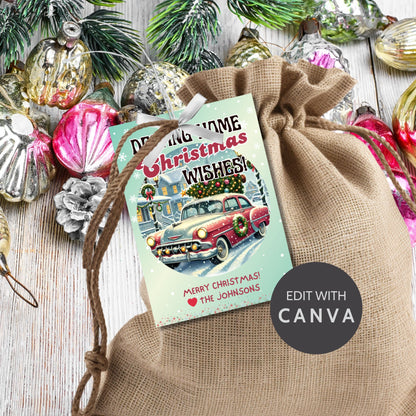 Retro-inspired Christmas gift tags featuring a vintage car decorated with wreaths driving through a snowy holiday scene, paired with the message "Driving Home Christmas Wishes!" These printable and editable tags add a nostalgic holiday touch to Christmas gifts.