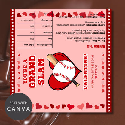 A baseball-themed Valentine’s Day chocolate bar wrapper featuring the phrase "You're a Grand Slam Valentine!" with a festive pink background, red hearts, a baseball, and a bat. Perfect for teammates, coaches, and baseball fans!